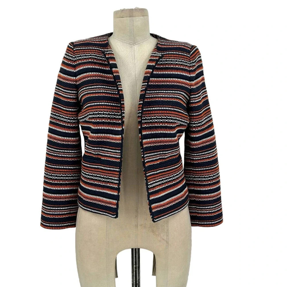 Hobbs London Navy Blue Orange Striped Tweed Open Blazer Size‎ US 4
